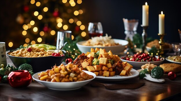 Photo of christmas dinner table with foods and drinks in christmas background