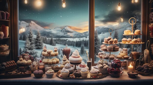 Photo of christmas dinner table with foods and drinks in christmas background