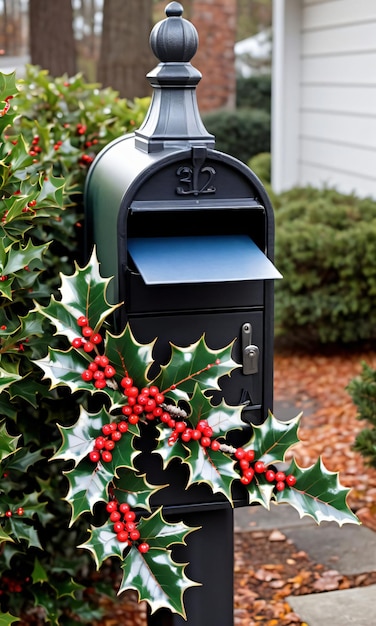 Photo photo of christmas holly branches decorating a mailbo