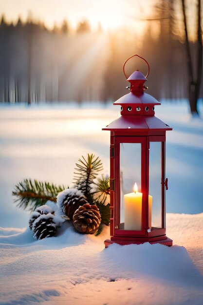 Фото Фото рождественский фонарь с еловой веткой и украшением на заснеженном столе, расфокусированный фон