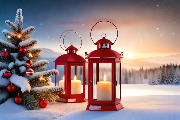 Photo christmas lantern with fir branch and decoration on snowy table defocused background