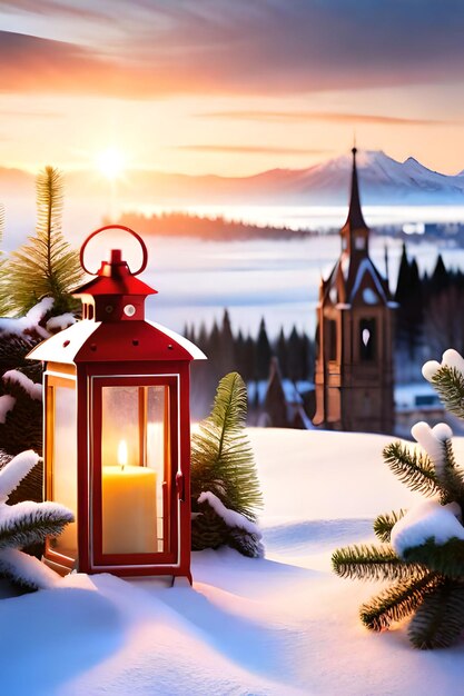 Photo christmas lantern with fir branch and decoration on snowy table defocused background