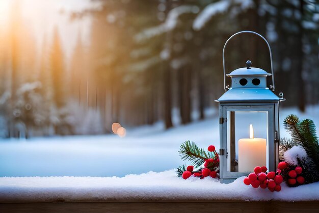 Photo christmas lantern with fir branch and decoration on snowy table defocused background