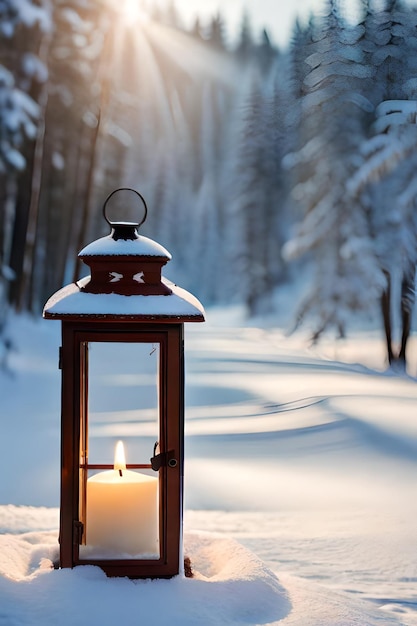 photo christmas lantern with fir branch and decoration on snowy table defocused background