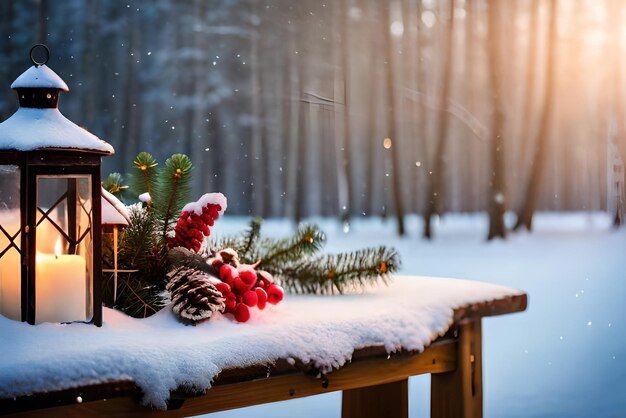 photo christmas lantern with fir branch and decoration on snowy table defocused background