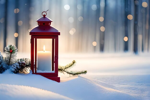 Foto photo lanterna di natale con ramo di abete e decorazioni su sfondo sfocato tavolo innevato