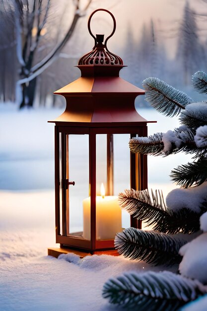 雪のテーブルの背景に松の枝と装飾の写真のクリスマスランタン