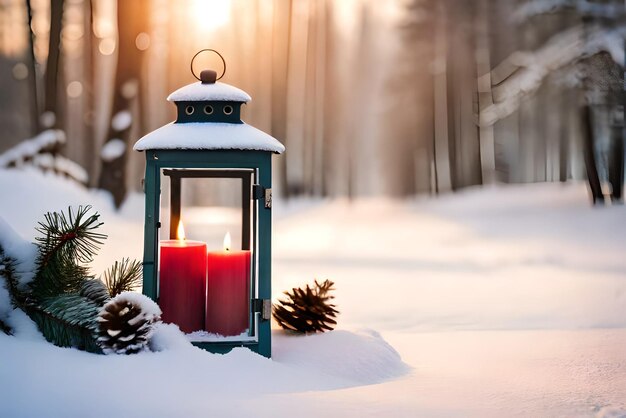 photo christmas lantern with fir branch and decoration on snowy table defocused background