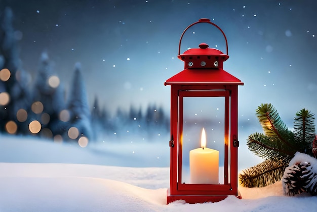 photo christmas lantern with fir branch and decoration on snowy table defocused background