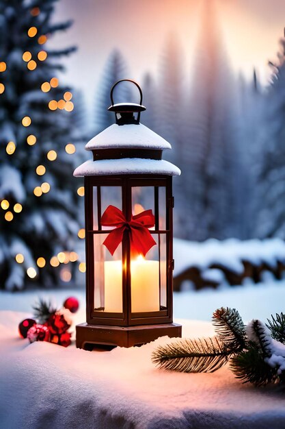 photo christmas lantern with fir branch and decoration on snowy table defocused background