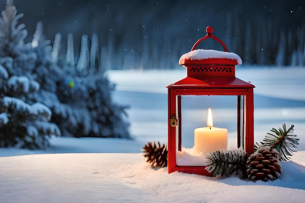 photo christmas lantern with fir branch and decoration on snowy table defocused background