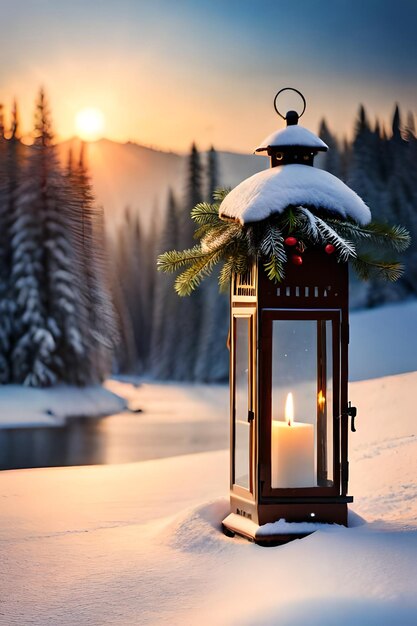 photo christmas lantern with fir branch and decoration on snowy table defocused background