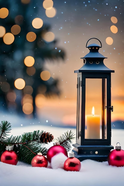 photo christmas lantern with fir branch and decoration on snowy table defocused background