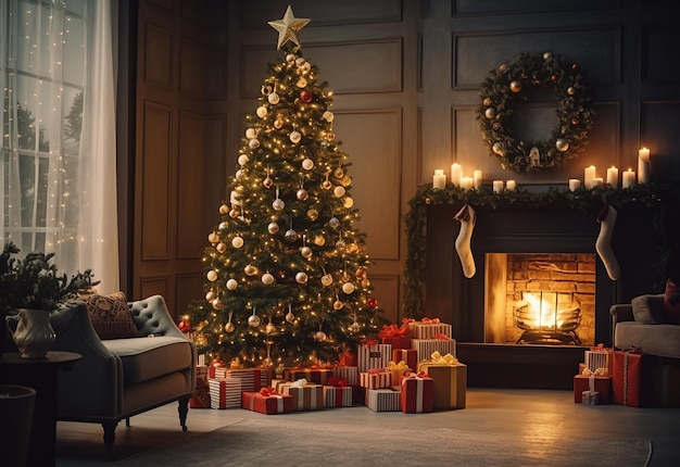 Photo of christmas living room interior decorations with fireplace and red socks hanging