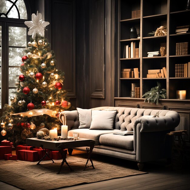 Photo christmas living room interior with vintage sofa and christmas tree Generated by AI