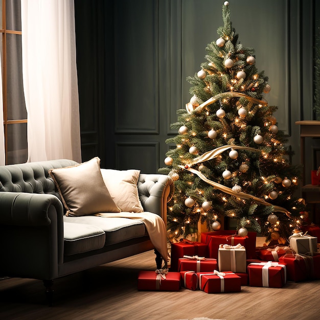 ヴィンテージソファとクリスマスツリーのクリスマスリビングルームのインテリア AIによって生成された写真