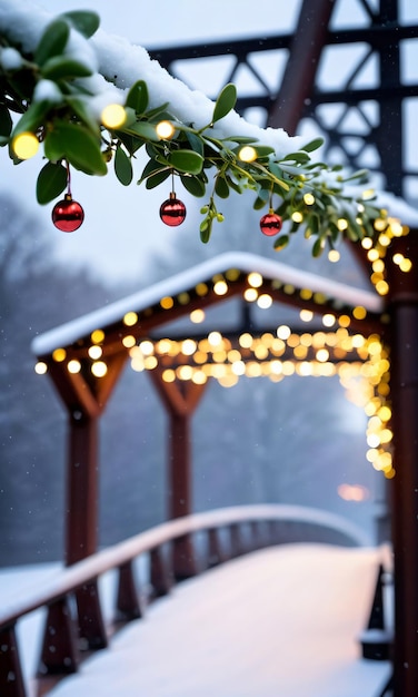 フェアリーライトで飾られた雪の橋からぶら下がっているクリスマスのヤドリギの写真