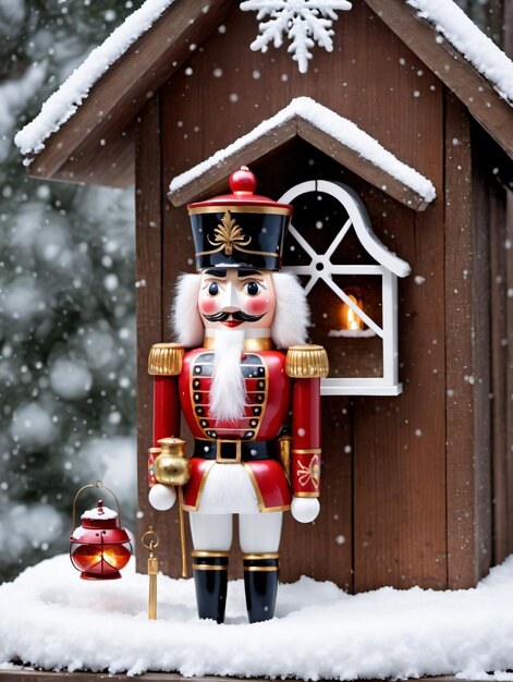 Фотография рождественского Щелкунчика с фонарем возле заснеженного скворечника