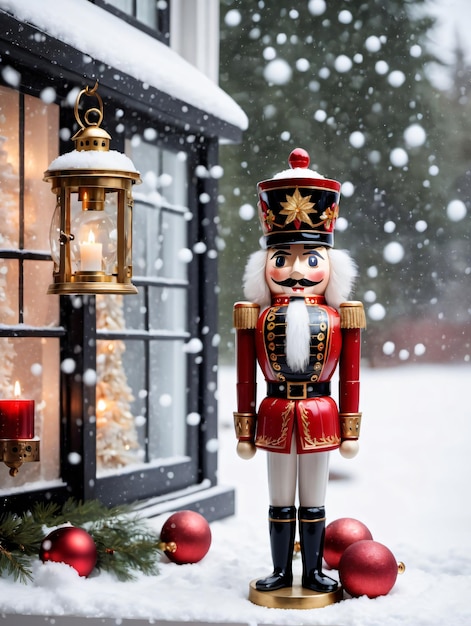 Фотография рождественского Щелкунчика с фонарем у заснеженного окна