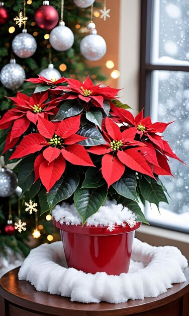 Photo Of Christmas Poinsettia Plant Surrounded By Snowflakes And Hanging Stocking