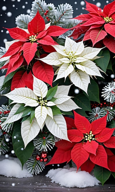 Photo of christmas poinsettia plant surrounded by snowflakes and mistleto