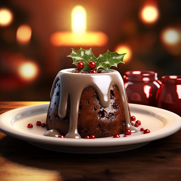 Photo of christmas pudding with christmas decoration on isloated background