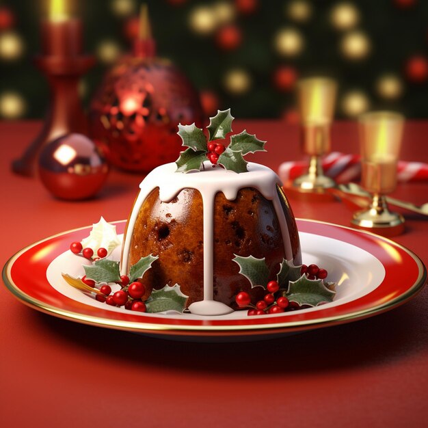 Photo of christmas pudding with christmas decoration on isloated background