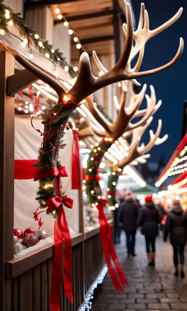 Фотография рождественских рогов северного оленя, обернутых гирляндами и красными лентами в шумном рождественском...