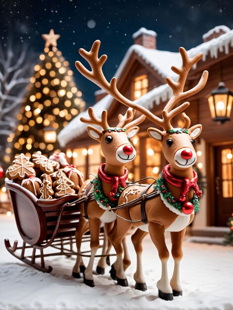 Photo Of Christmas Reindeer Pulling A Sleigh Filled With Gingerbread Cookies And Lanterns