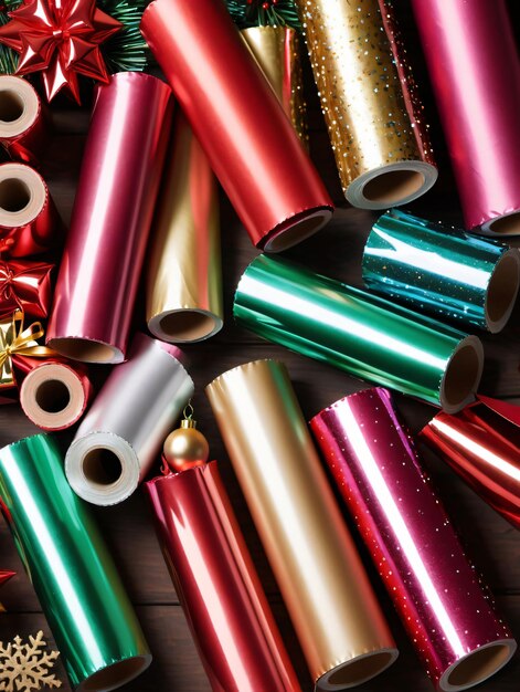 Photo of christmas shiny wrapping paper rolls