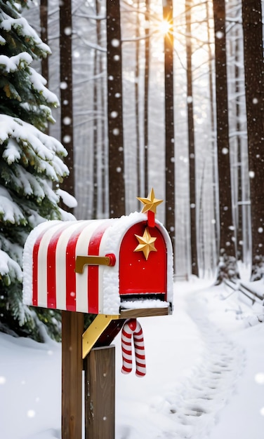 Photo Of Christmas SnowCovered Mailbox With Candy Cane Stripes And A Golden Star On Top Set Against ...