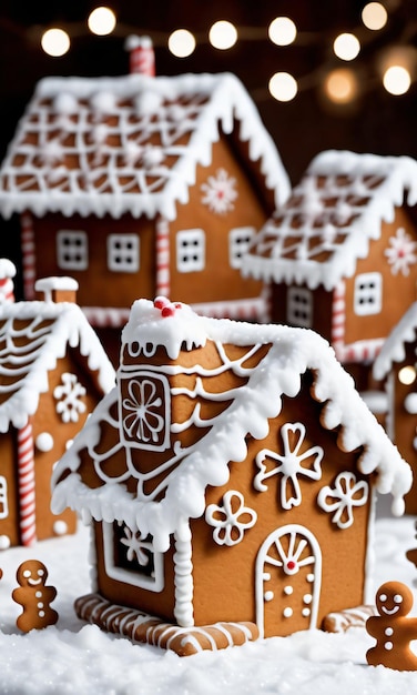 Photo photo of christmas snowflakes falling on a gingerbread villag