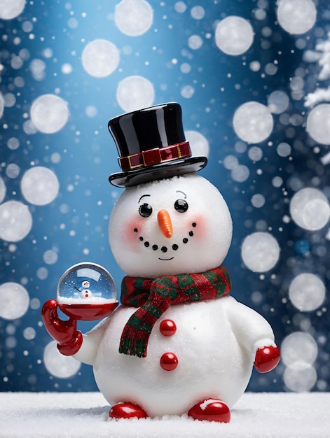 ガラスのスノードームを持ったクリスマス雪だるまの写真