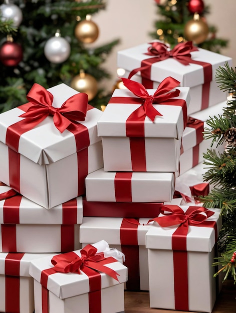 Photo Of Christmas Stacked Gift Boxes With Ribbons