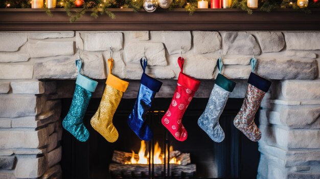 Photo a photo of christmas stockings by the fireplace modern apartment backdrop