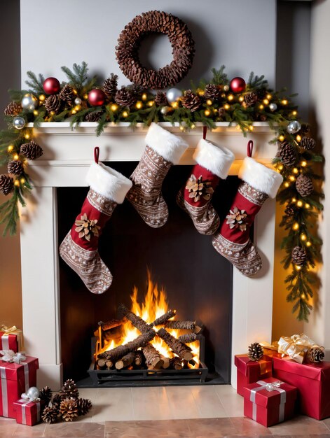 輝く暖炉の横にある松ぼっくりでいっぱいのクリスマス ストッキングの写真
