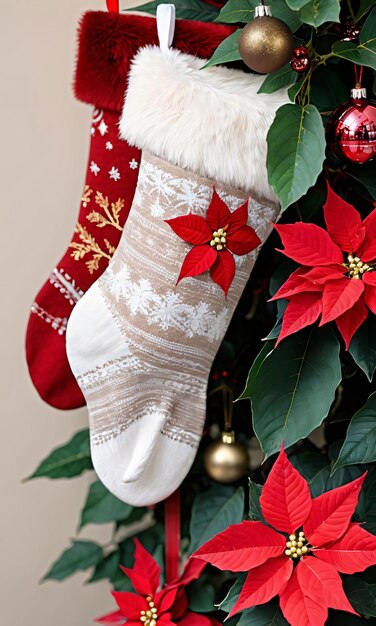 Photo Of Christmas Stockings Hanging Near A Poinsettia Plan