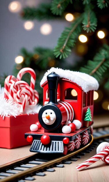 Photo of christmas toy train carrying candy canes