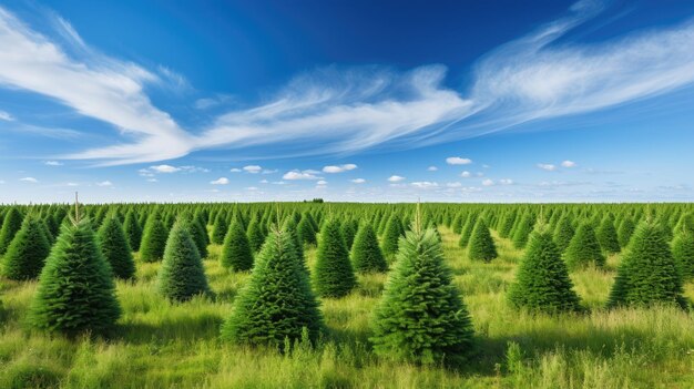 A photo of a christmas tree farm with a clear blue sky vibrant colors