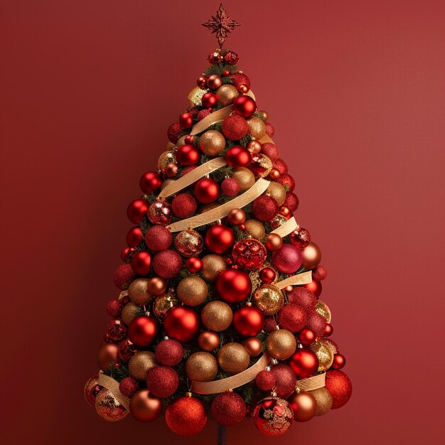 写真 クリスマスツリー 赤と金のボールと祝祭のリボンで作られています
