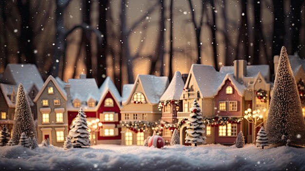 A photo of a Christmas village with sparkling baubles on trees cozy cottages backdrop
