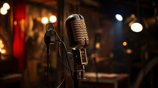 A photo of Chrome microphone on stage ready for broadcasting