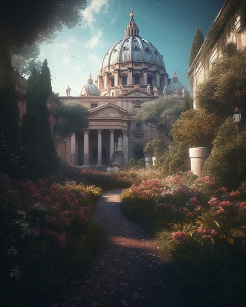 A photo of a church with a dome in the background.