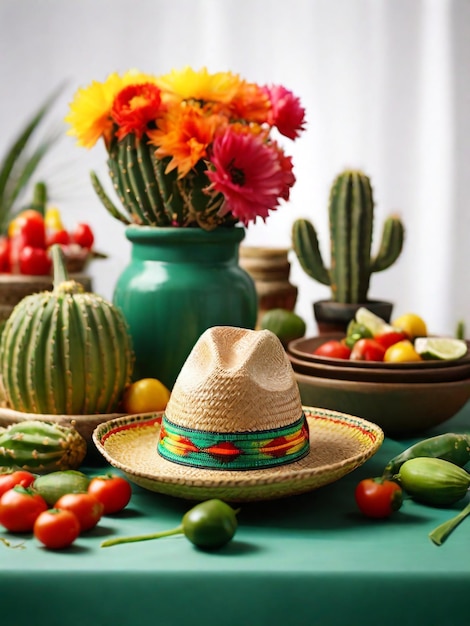 photo of a cinco de mayo maxican straw hat and green cactus