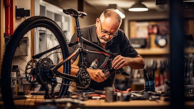 Photo photo cinematic wheels of precision a detailed exploration of the hands of a skilled bike mechani