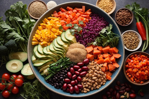 Foto circolo fotografico di ingredienti e prodotti vegani di base cereali legumi verdure e frutta fresche oli semi e