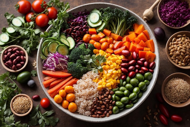 Foto circolo fotografico di ingredienti e prodotti vegani di base cereali legumi verdure e frutta fresche oli semi e