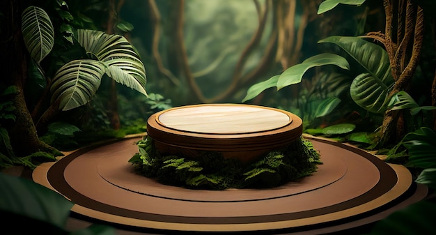 photo circle wood podium in tropical forest for product presentation and cream color background