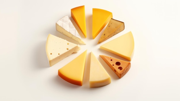 Photo of a circular arrangement of different type of triangular cheese