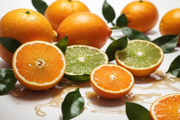 Photo citrus fruit isolated on white background orange with wet leaf